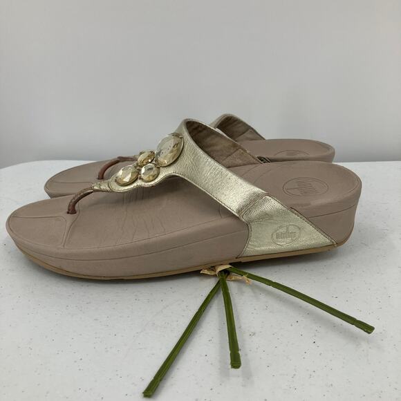 FitFlop Gold Beige Faux Jewels Lulu Toe-Post Lightweight Flip Flop Sandal Shoes - Picture 4 of 11